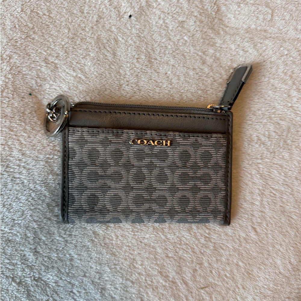 Coach Gray Signature Zip Card Case with Key Ring